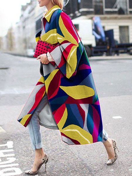 

Printed Vacation Lapel Overcoat, As picture, Coats