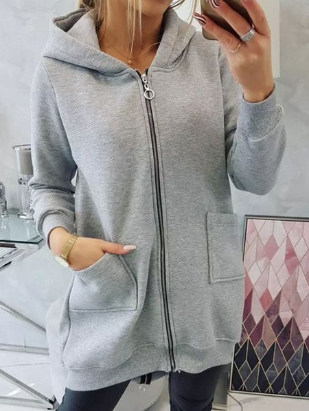 

Pockets Casual Hooded Plain Outerwear, Gray, Coats