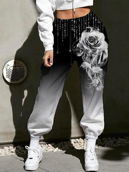 

Casual Floral Ombre Sporty Pants, Black, Pants