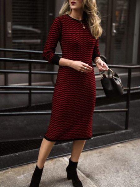 

Long Sleeve Skinny Casual Crew Neck Midi Dress, Red, Midi Dresses