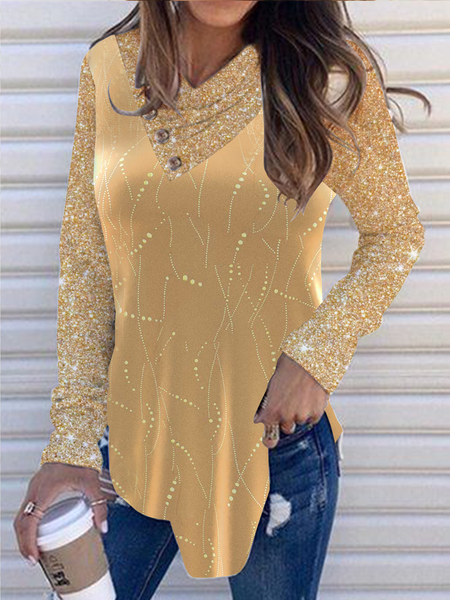

Long sleeve pile collar party holiday velvet Korean velvet elastic fabric top T-shirt women, Champagne, Tunics