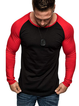 

Men's Round Neck Long Sleeve Color Block Tee, Black, T-shirt