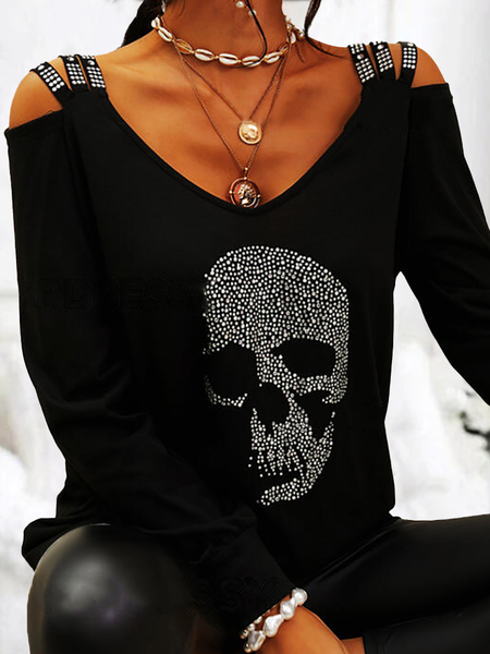

Abstract Off Shoulder Sexy V Neck Long Sleeve Tops, Black, Tops