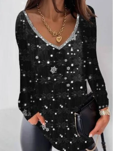 

Christmas Casual V Neck Shirts & Tops, Black, Long sleeve tops