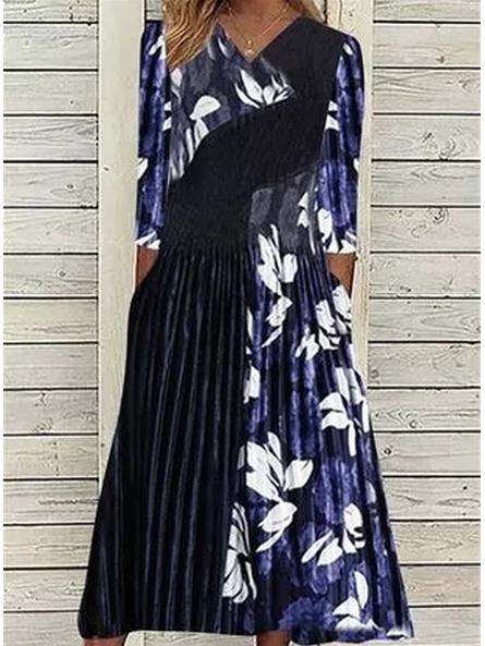 

Floral Tunic V-Neckline Midi A-line Dress, Black, Floral Dresses