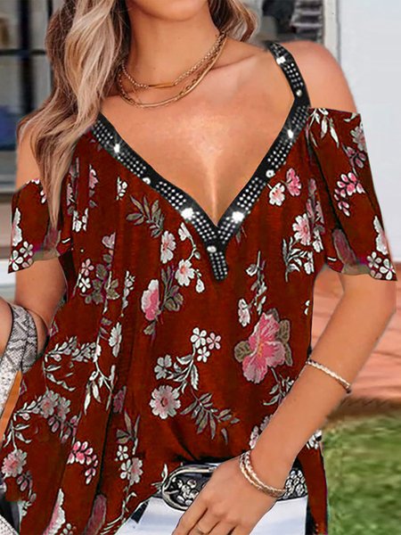 

Floral Printed V Neck Short Sleeves Tops, Wine red, Tops