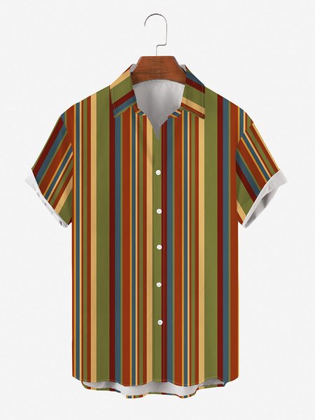 

Retro Striped Hawaiian Short Sleeve Shirt, As picture, Men's Floral shirt