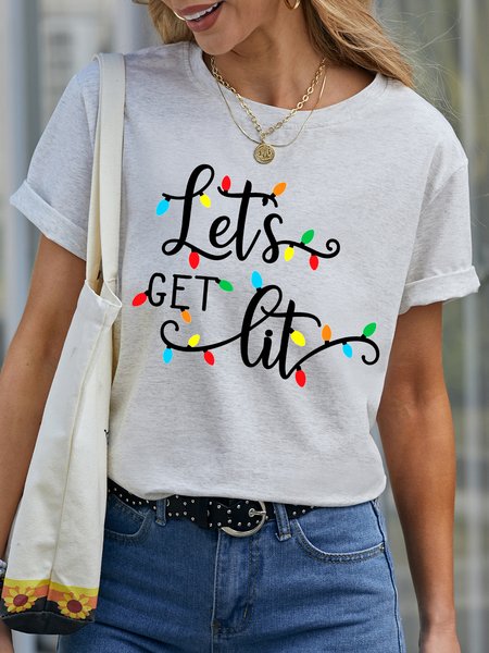 

Let's Get Lit Christmas Crew Neck Letter Shirts & Tops, White, T-shirts