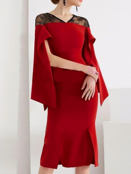 

Winter Long sleeve Formal Date Non-Stretch Bodycon Dresses, Reddish black, Midi Dresses