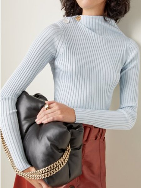 

Basics Buttoned Stand Collar Sweater, Blue, Pullovers