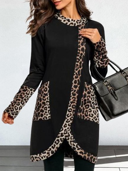

Color-block Leopard Pockets Long Sleeves Plus Size Casual Tops, Black, Tops