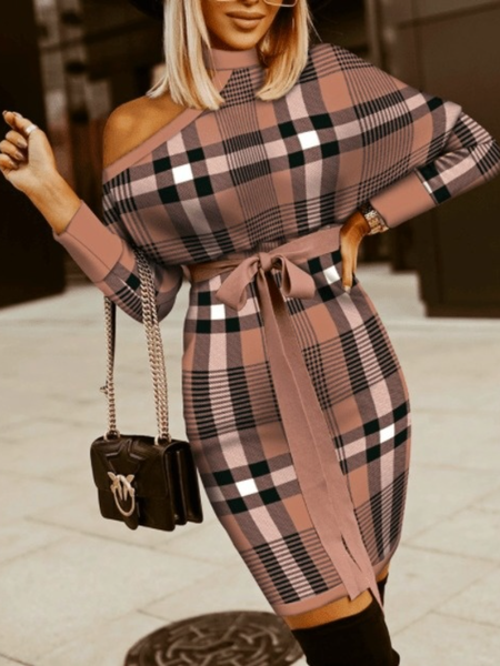 

Winter Slim Fit Grid High Stretch Mid-weight Daily Date Dresses, As picture, Mini Dresses