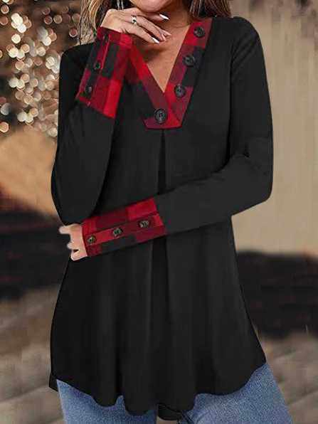 

Cotton Blends Casual V Neck Shirts & Tops, Black, Long sleeve tops