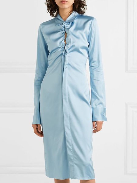 

Elegant Simple Regular Fit Vintage Shirt Collar Dress, Blue, Midi Dresses