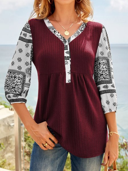 V Neck Color Block Shirts & Tops, Wine red, Tops