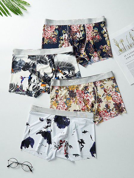 

4 pack Men's Plant Print Plus Size Boxer Briefs, As picture, Underwear & Socks