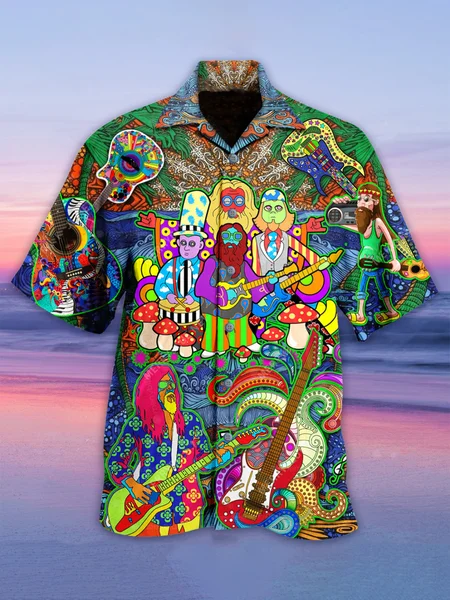 

Hawaiian Hippie Retro Music Elements Men's Casual Short-sleeved Shirt, As picture, Shirts ＆ Blouse