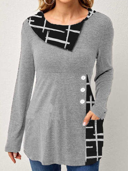

Grid Crew Neck Regular Fit Shirts & Tops, Gray, Long sleeve tops