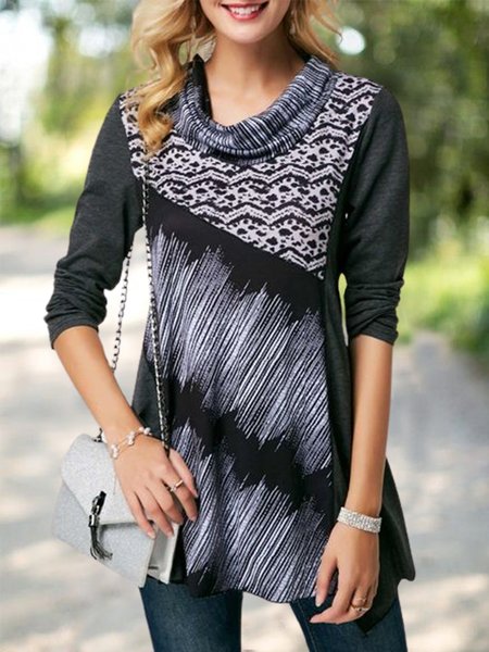 Regular Fit Casual Geometric Shirts & Tops, Gray, Tops