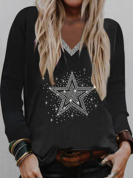 

Star Casual V Neck Shirts & Tops, Black, Long sleeve tops