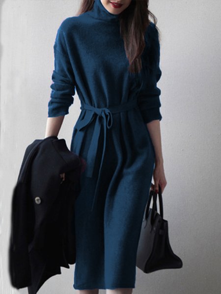 

Elegant Long Sleeve Simple Sweater Dress, Navyblue, Midi Dresses