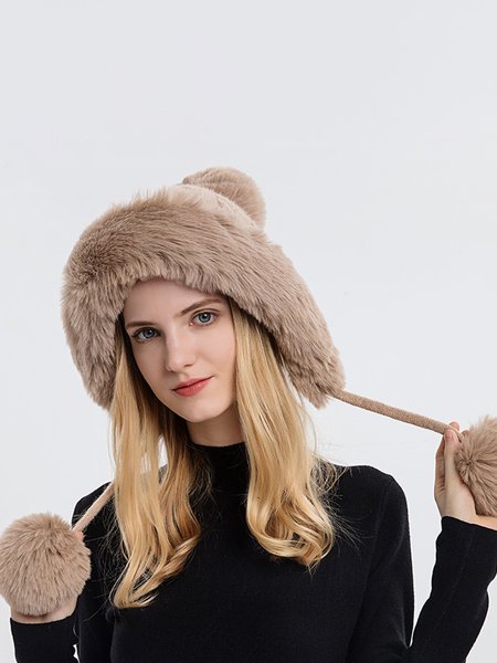

Simple Fur Ball Plus Velvet Warm Hat, Khaki, Hats