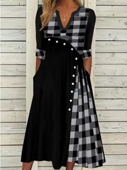 V Neck Cotton Blends Casual Dresses, Black, Casual Dresses