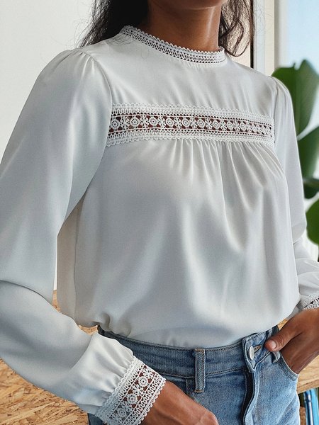 

Crew Neck Guipure Shirts & Tops, White, Long sleeve tops