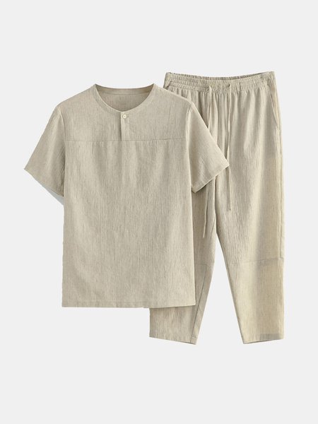 

Short Sleeve Loosen Cotton Blends Suits, Beige, Men's sets