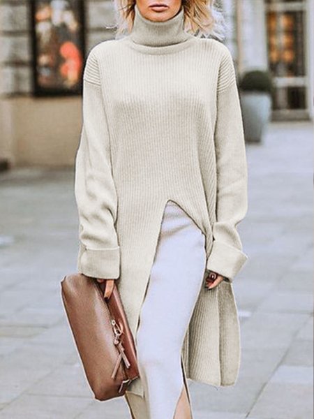 

Long Sleeve High Neck Plain Sweater, Apricot, Pullovers