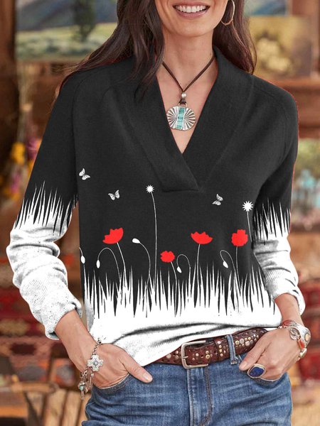 

V Neck Casual Shirts & Tops, Black, Long sleeve tops