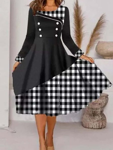 

Crew Neck Grid Loosen Fall Dresses, Black, Casual Dresses