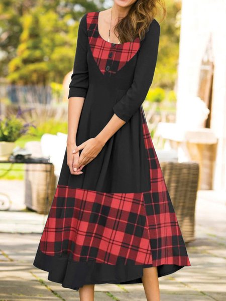 

Casual Crew Neck Buttoned Plaid Dresses, Blue, Maxi Dresses
