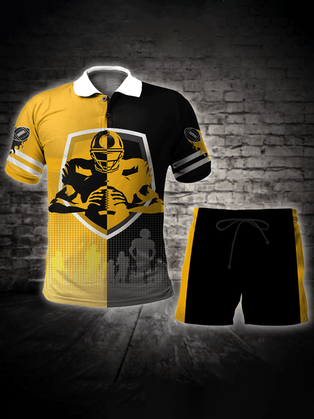 

Short Sleeve Casual Lapel Letter Suits, Yellow, Men's sets
