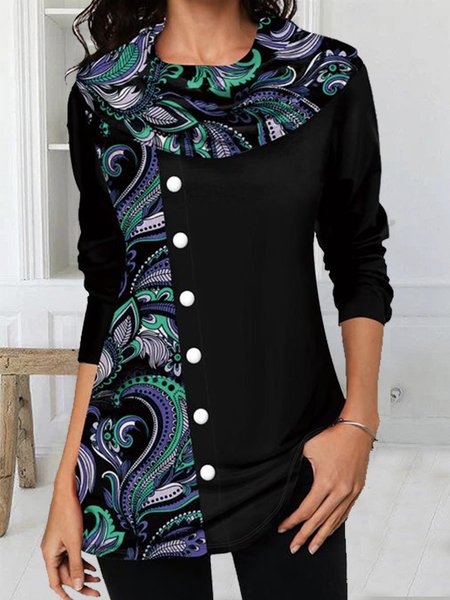 

Cowl Neck Long Sleeve Printed Casual Shirts & Tops, Black, T-Shirts
