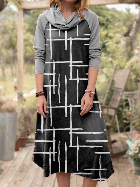 

Cowl Neck Geometric Printed Dresses, Black, Casual Dresses