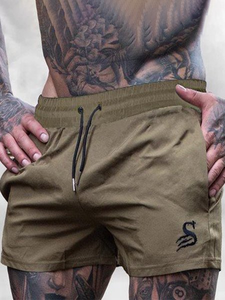 

Simple Plain Print Small Letter Men's Beach Pants, Yellow brown, Men's shorts