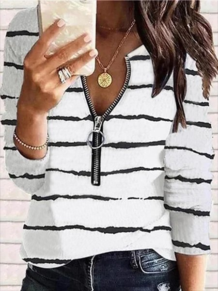 

Long Sleeve V Neck Printed Casual Shirts & Tops, White, Tops