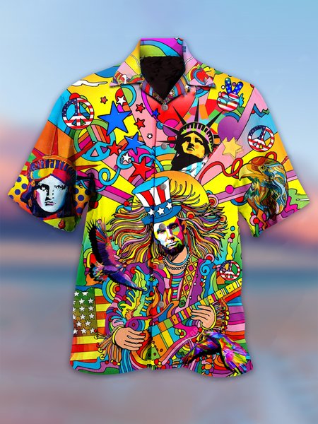 

Hawaiian Hippie Retro Music Elements Men's Casual Short-sleeved Shirt, As picture, Men's Floral shirt