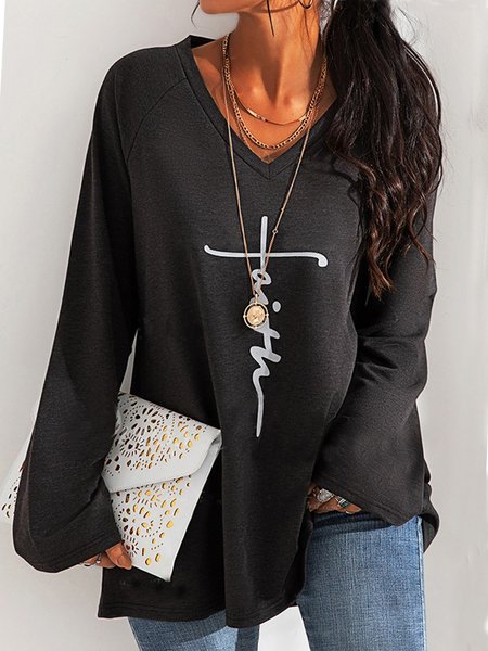 

Casuale Lettera Scollo a V Maniche Lunghe Top, Come immagine, T-Shirts