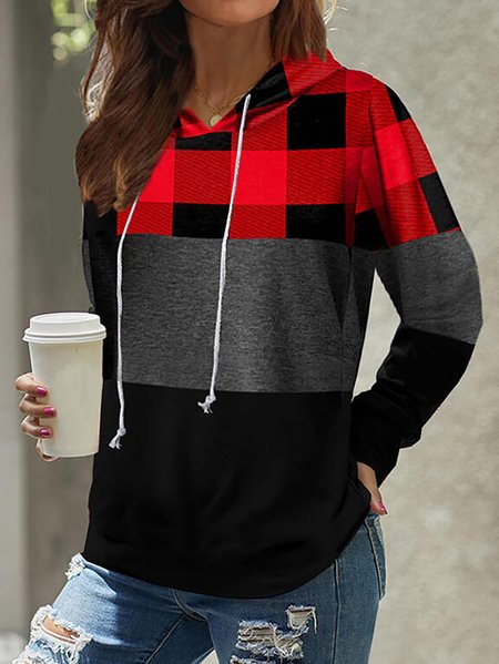 

Checkered Print Long Sleeve Casual Color Block Hooded Sweatshirt, Red, Sweatshirts & Hoodies