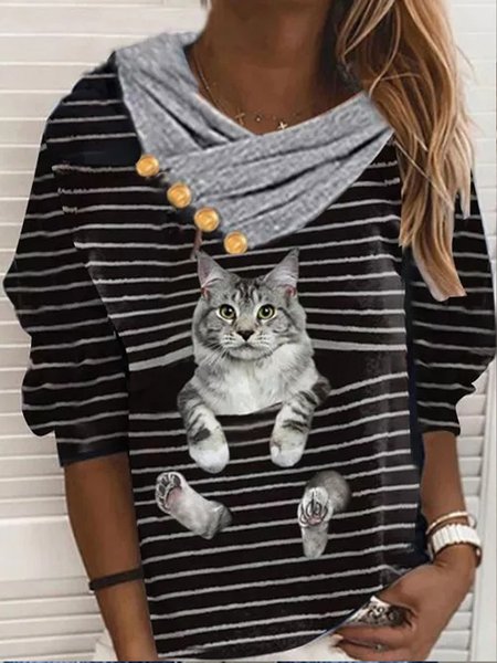 

Cowl Neck Casual Striped Shirts & Tops cat, Black, Long sleeve tops