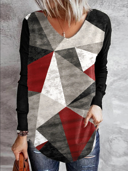 

Vintage Casual Checked Print V Neck Long Sleeve T-Shirts & Tops, Multicolor, Long sleeve tops
