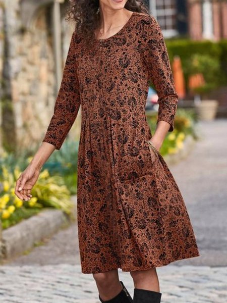 

Long Sleeve Crew Neck Printed Dresses, Coffee, Mini Dresses