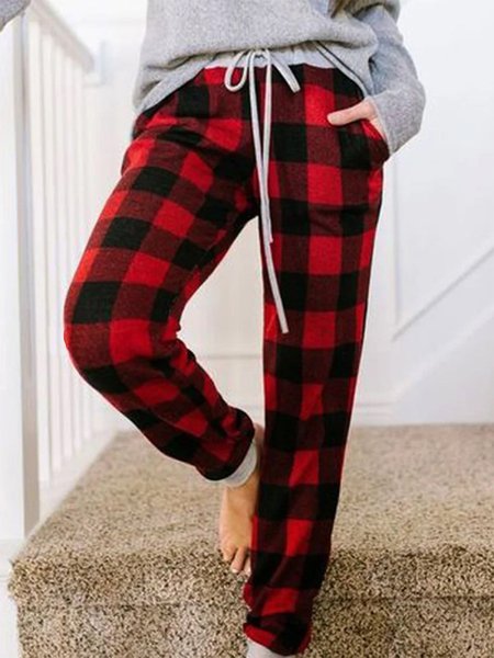 

Casual Grid Loosen Draw string Pants, Red, Pants