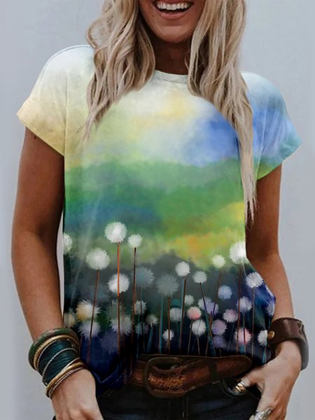 Short Sleeves Floral Prtinted Hippie T-shirt, Blue, T-Shirts