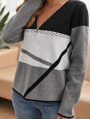

Zipper Geometric Printed V Neck Off Shoulder Loosen Sweatshirt, Black-grey, Sweatshirts & Hoodies