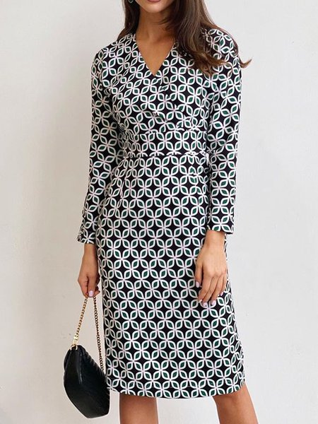

V Neck Regular Fit Long sleeve Dress, As picture, Midi Dresses