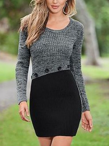 

Sexy Color Block Skinny Dresses Dress with contrasting buttons, Deep gray, Casual Dresses