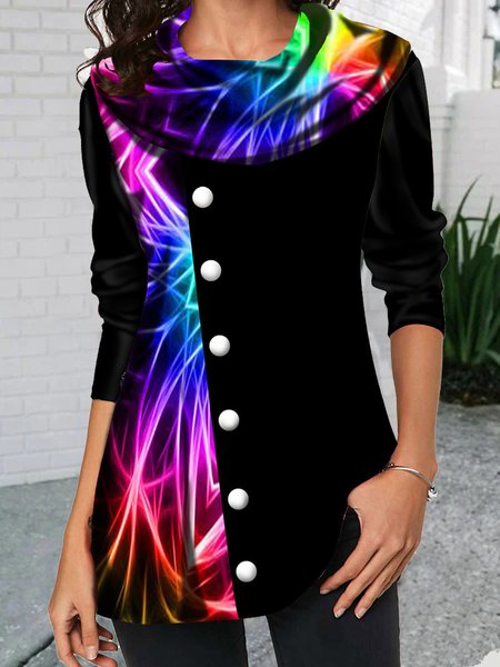 

Printed Cowl Neck Casual Long Sleeve Shirts & Tops, Black, T-Shirts
